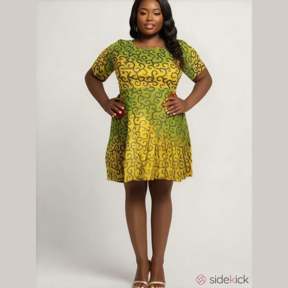 African Ankara Dutch Design Wax Print Vintage Yellow & Black Swirl Dress M/L